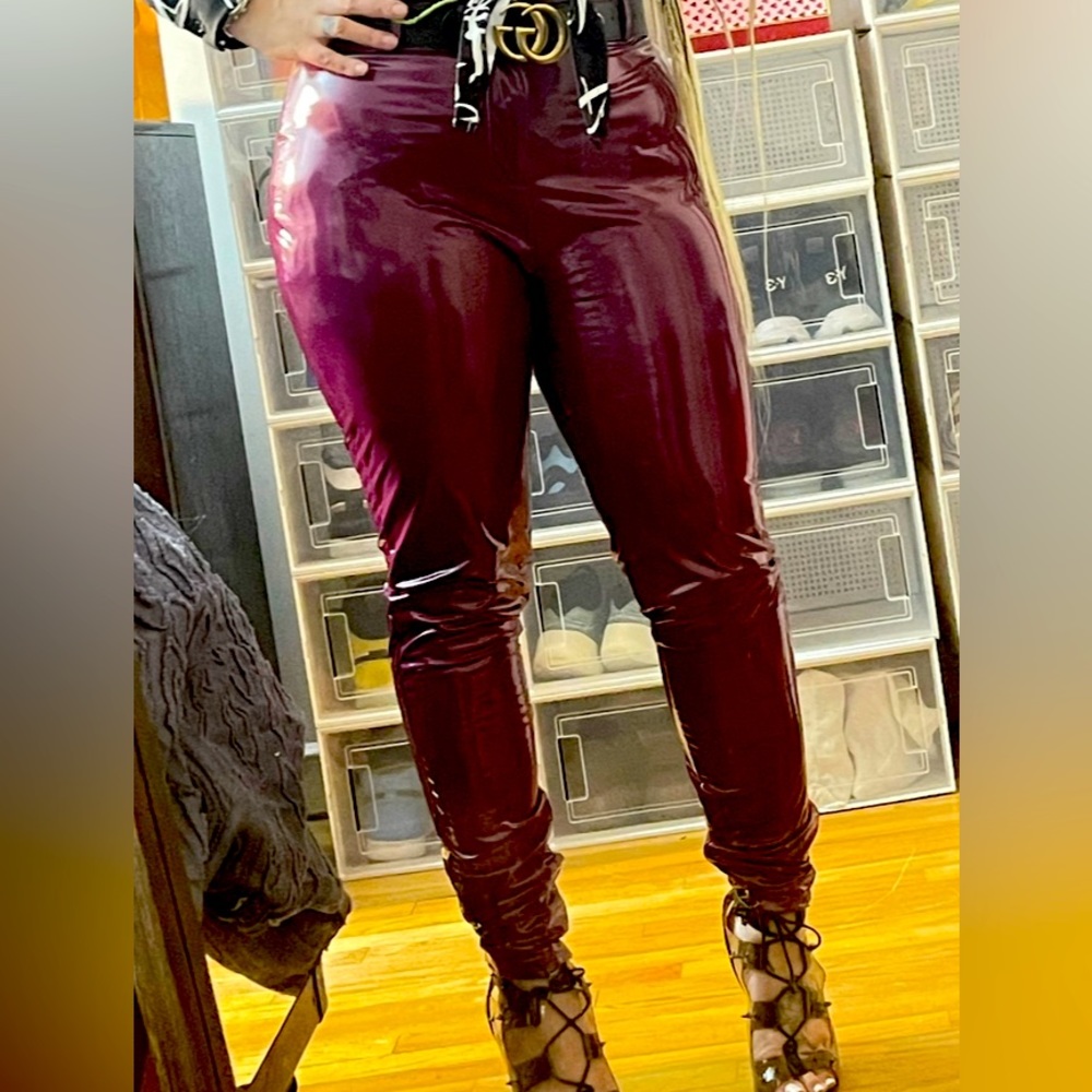 Raspberry plastic pants look super sexy in these